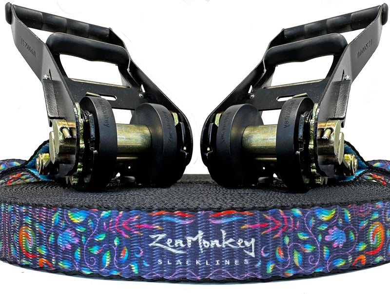 ZenMonkey Slacklines ZenMonkey 1" Slackline Kit with Dual Ratchet System, Two-Tone Webbing, 82ft Length, Tree Protectors and Carry Bag - Image 3